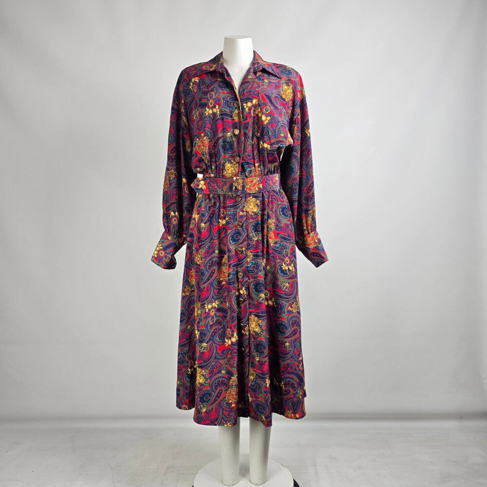 Vintage Ms Chaus Colorful Paisley Belted Button Front Midi Dress Size 10